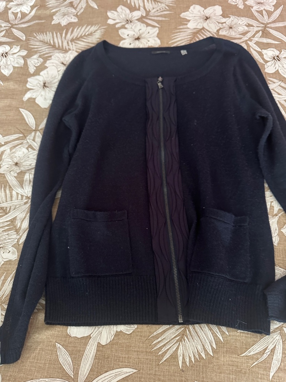 Tahari Black Zip-Front Cable Trim Cardigan